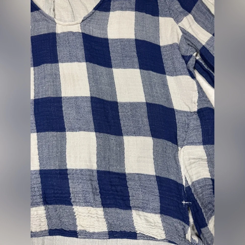Anthropologie Cloth & Stone Gingham Plaid Gauzy Navy Blue Grey Blouse Medium